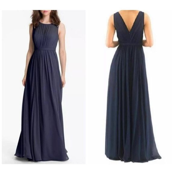 Jenny Yoo Collection Vivienne Chiffon Pleated Gown Navy Blue sz 6 - Picture 1 of 6